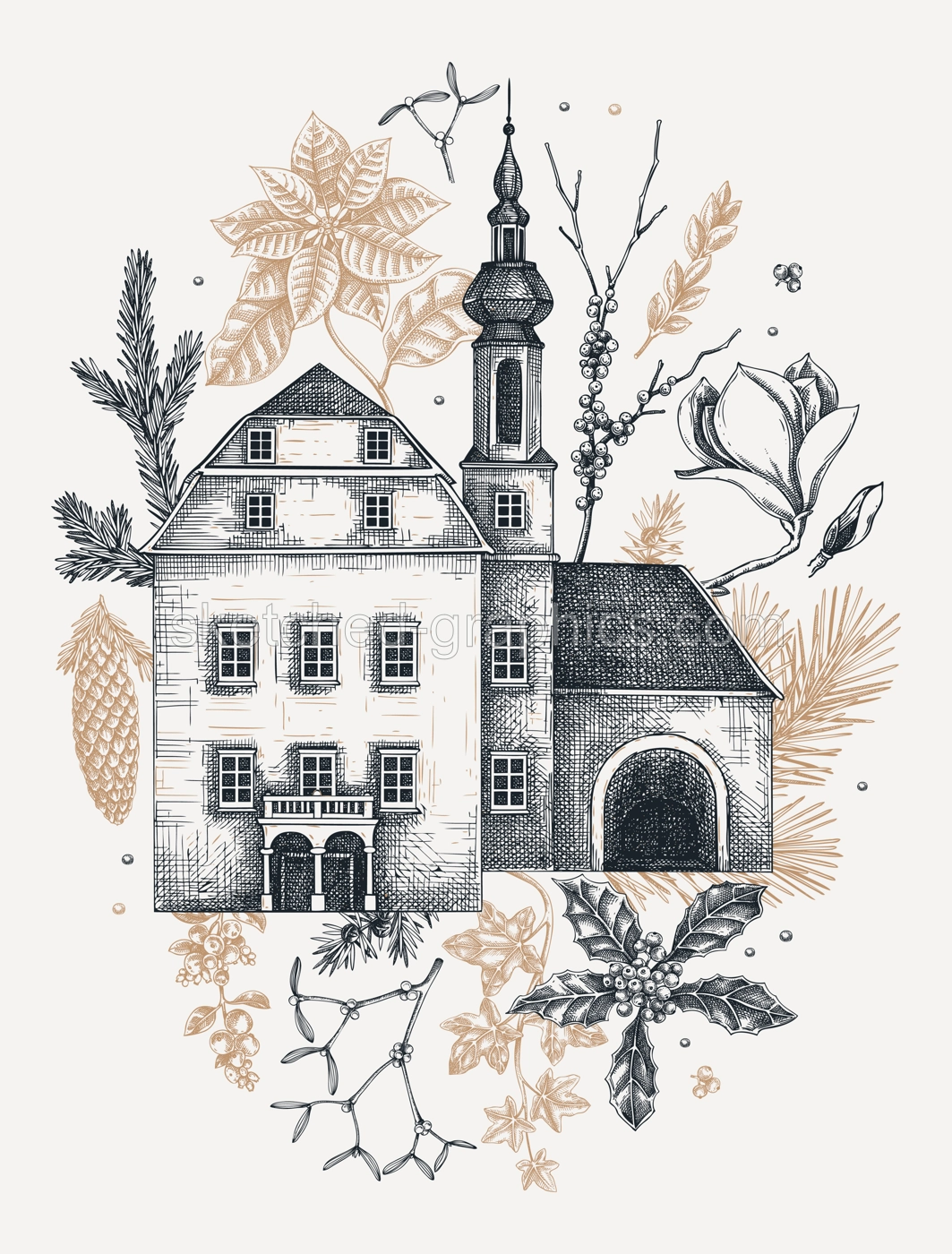 Christmas card template. Winter background. Architecture sketch. Vintage mansoin house, old castle drawing. Hand-drawn botanical illustration.NOT AI generated Illustration